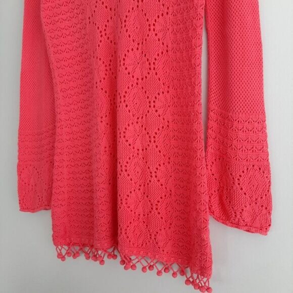LILLY PULITZER / Pom-Pom Trim V-Neck Knit / Crochet Tunic Top Bright Pink Sz M - Picture 9 of 16